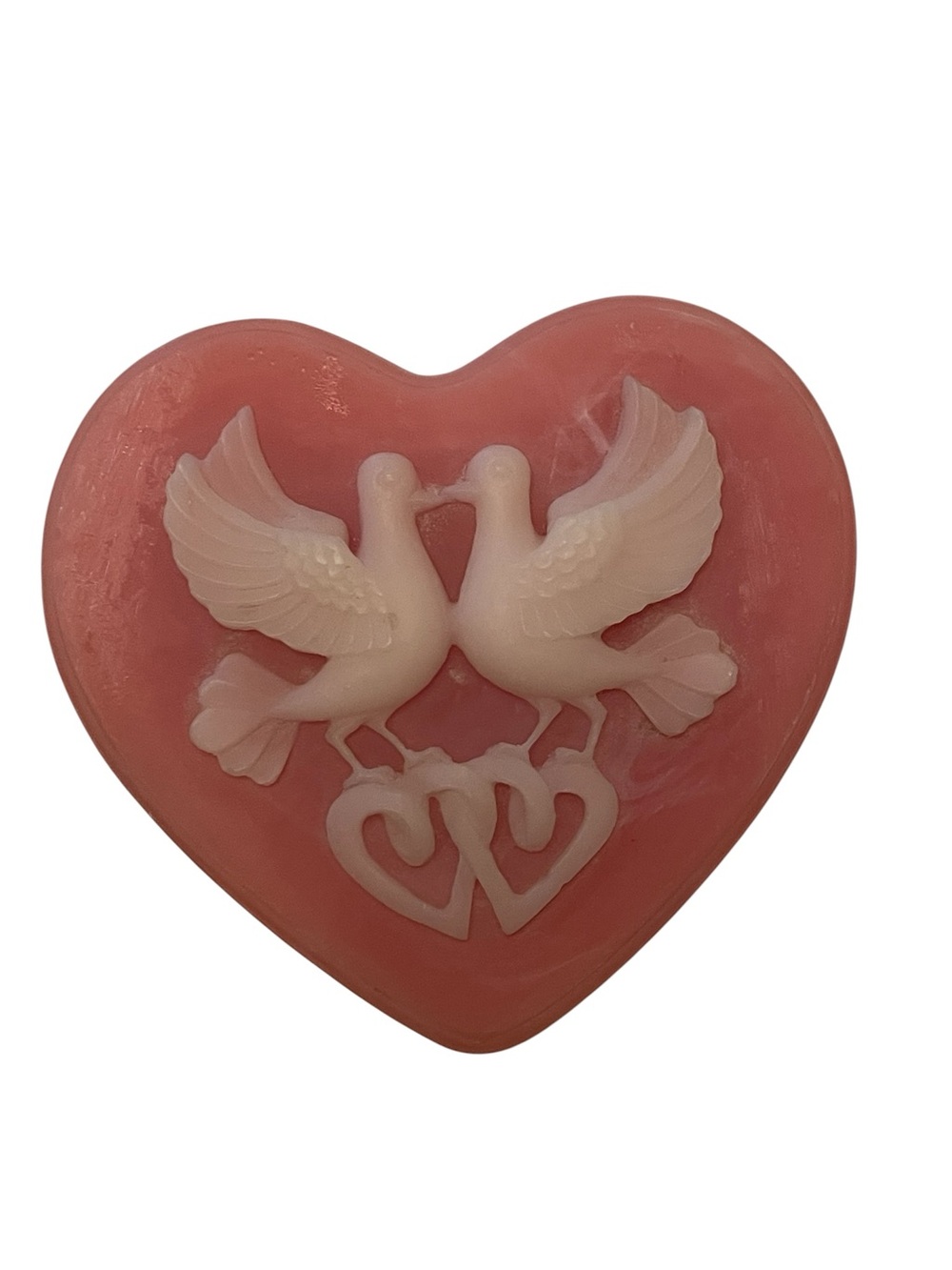 Vintage pink incolay heart shaped trinket box with love birds doves